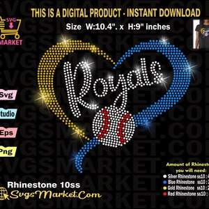 Modelo de strass Royals Svg, strass de beisebol svg, strass de coração svg para Cricut, silhueta, time de beisebol strass Svg