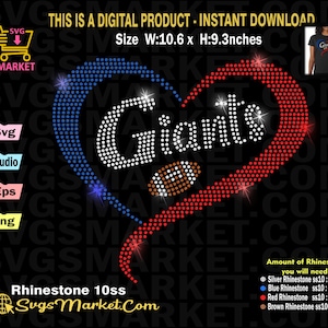 Descarga instantánea Plantilla de diamantes de imitación Gigantes de fútbol, Gigantes corazón rhinestone svg para Cricut, Cameo, Transferencia de fanáticos del fútbol Yid Rhinestone