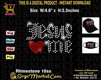 May include: Rhinestone design for a t-shirt or other apparel featuring the words "Jesus" and "me" with a red heart in between. The design is 4.8 inches wide and 3.3 inches tall. The design is made up of 211 silver rhinestones and 51 red rhinestones.
