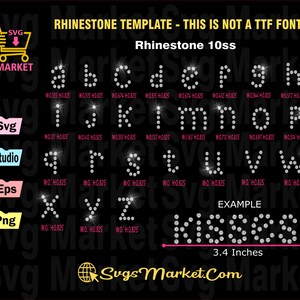 May include: Rhinestone template for creating letters and words. The template includes all the letters of the alphabet in uppercase, along with an example of the word "KISSES" using the template. The template is 3.4 inches wide and 0.85 inches tall.