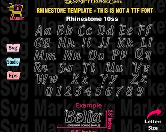 May include: A black and white image showing a rhinestone template for letters and numbers. The template includes the alphabet in uppercase and lowercase, as well as the numbers 0-9. The template is 6.9 inches wide and 2.6 inches tall. The text "Rhinestone 10ss" is at the top of the image. The text "Example" is at the bottom of the image, with the word "Bella" in rhinestones below it.