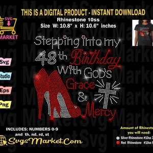 Rhinestone template Svg Stepping into my 48th Birthday with Gods Grace & Mercy, Birthday rhinestone svg for Cricut,Silhouette,Yid Rhinestone