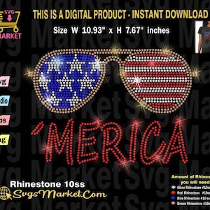 Plantilla de pedrería Svg Merica, Día de la Independencia pedrería svg para Cricut, Silueta, Descarga de estrellas Pedrería, gafas pedrería svg