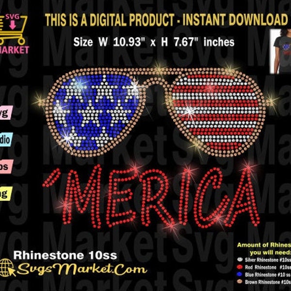 Rhinestone template Svg Merica, Independece Day rhinestone svg for Cricut, Silhouette, Stars Rhinestone download, glasses rhinestone svg