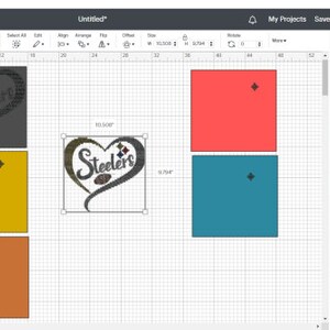 May include: A design for a Steelers logo with a heart shape, football, and the word "Steelers" in a stylized font. The design is shown in black, red, yellow, and orange on a grid background.