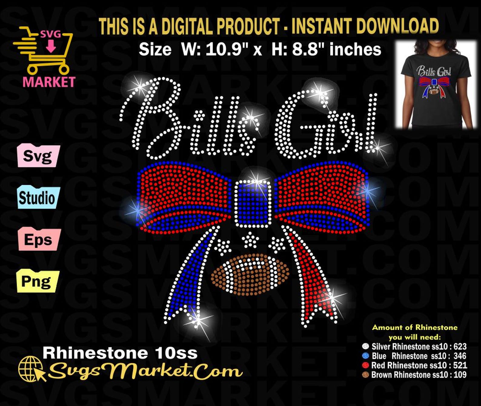 Bills Girl Bow Football Svg Instant Download Rhinestone Template, Bills ...
