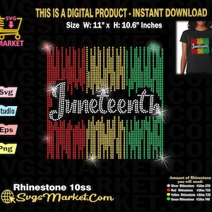 Pode incluir: Um design digital para download para uma camisa Juneteenth adornada com strass. O design apresenta a palavra "Juneteenth" em strass brancos sobre um fundo de listras verticais vermelhas, amarelas e verdes. O design mede 28 cm de largura e 27 cm de altura.