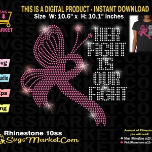 Her Fight is Our Fight Rhinestone template svg, Pink Ribbon Butterfly Rhinestone svg, Breast Cancer Awareness svg rhinestone for Cricut
