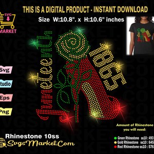 May include: A digital download design for a rhinestone applique featuring a red high heel shoe with a green rose and the text "Nineteenth 1865". The design is 10.8 inches wide and 10.6 inches tall.