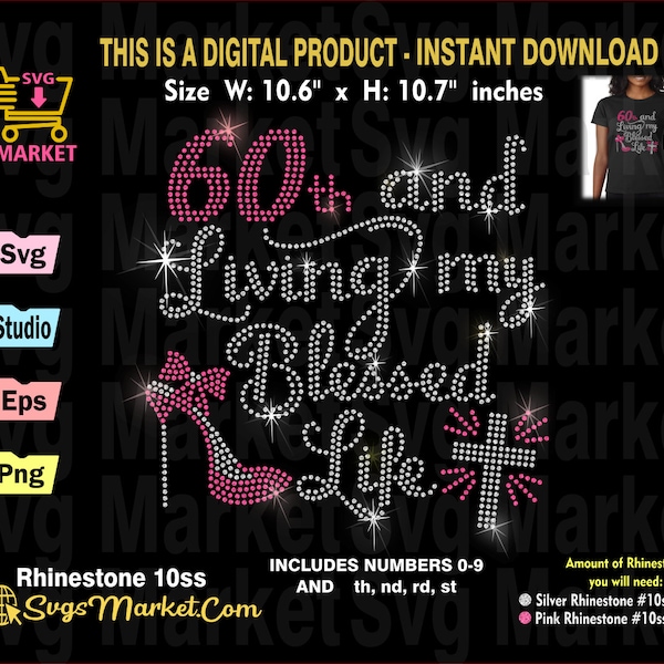 Rhinestone template Svg,50, 45,  60 and Living my blessed life, Birthday rhinestone svg for Cricut, Silhouette, Yid Rhinestone