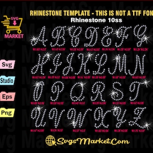 Plantilla de pedrería svg letras cursivas, fuente pedrería svg para Cricut, Silueta, Yid Rhinestone, plantilla de transferencia de pedrería digital