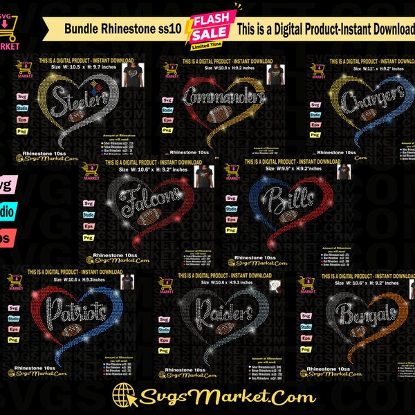 Bundle Rhinestone template Svg, football teams rhinestone ss10 svg, football fan rhinestone svg for Cricut, Silhouette, Instant Download