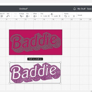May include: A digital design for a rhinestone-embellished word "Baddie" in a pink and white color scheme. The design is shown on a gridded background, with the word "Baddie" appearing twice, once in a solid pink color and once with the rhinestones.