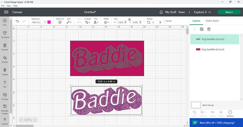 May include: A digital design for a rhinestone-embellished word "Baddie" in a pink and white color scheme. The design is shown on a gridded background, with the word "Baddie" appearing twice, once in a solid pink color and once with the rhinestones.