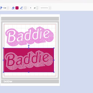 May include: A computer screen displaying a design program with the word "Baddie" in pink and white rhinestones. The design is on a red background and is surrounded by a grid.