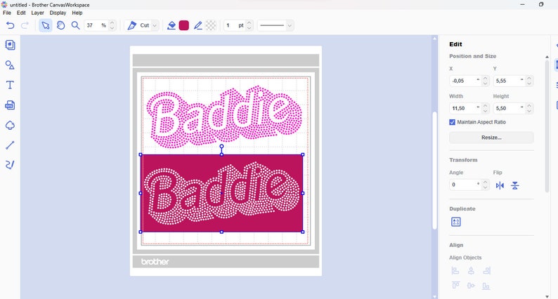May include: A computer screen displaying a design program with the word "Baddie" in pink and white rhinestones. The design is on a red background and is surrounded by a grid.