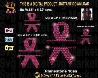 Puede incluir: Diseño de cinta de pedrería rosa con una división en el medio para la personalización. El diseño está disponible en cuatro tamaños: 5,5 pulgadas por 6,9 pulgadas, 7,1 pulgadas por 10,6 pulgadas, 6,5 pulgadas por 8,6 pulgadas y 3,1 pulgadas por 4,7 pulgadas. El diseño está etiquetado como "Rhinestone 10ss" y "SvgsMarket.com".