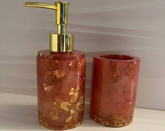 Custom Gold Bathroom Set | Soap Dispenser with Tray | Toothbrush Holder Bathroom Accessory Set | Bathroom Organization Set