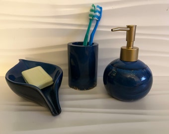 Blue and Gold Bathroom Set, Soap Dispenser with Tray, Toothbrush Holder Bathroom Accessories Set, Bathroom Organization Set