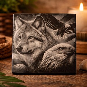 May include: Square, monochrome image depicting a wolf, an eagle in flight, and an eagle's head. The wolf is positioned in the upper left, the eagle in the upper right, and the eagle's head in the lower right. The image is a detailed illustration.