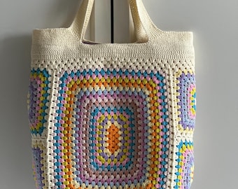 Handmade Crochet Granny Square Bag, Colorful Cotton Tote
