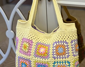 Handmade Granny Square Crochet Bag, Colorful Boho Shoulder Bag