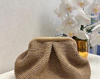 Crochet Raffia Pouch Clutch Bag, Woven Straw Handbag