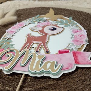 CAKE TOPPER mignonne biche/bébé/fleur/Rose, beige, doré, vert/floral/champêtre /déco gâteau/déco cupcake. Anniversaire/baptême.