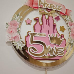 CAKE TOPPER princesse/anniversaire/baptême/fleurs/Rose, beige, doré,/floral/château princesse/couronne/déco gâteau/déco cupcake/topper