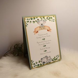 Menu thème Koala/eucalyptus/menu de table/recto verso/table de baptême/table anniversaire/vert eucalyptus.