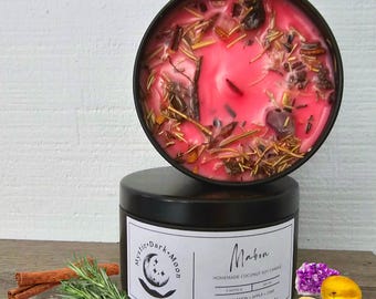 Mabon Crystal & Herb Candle: Autumn Equinox Sabbat Ritual - Apple Cinnamon Cake Scent