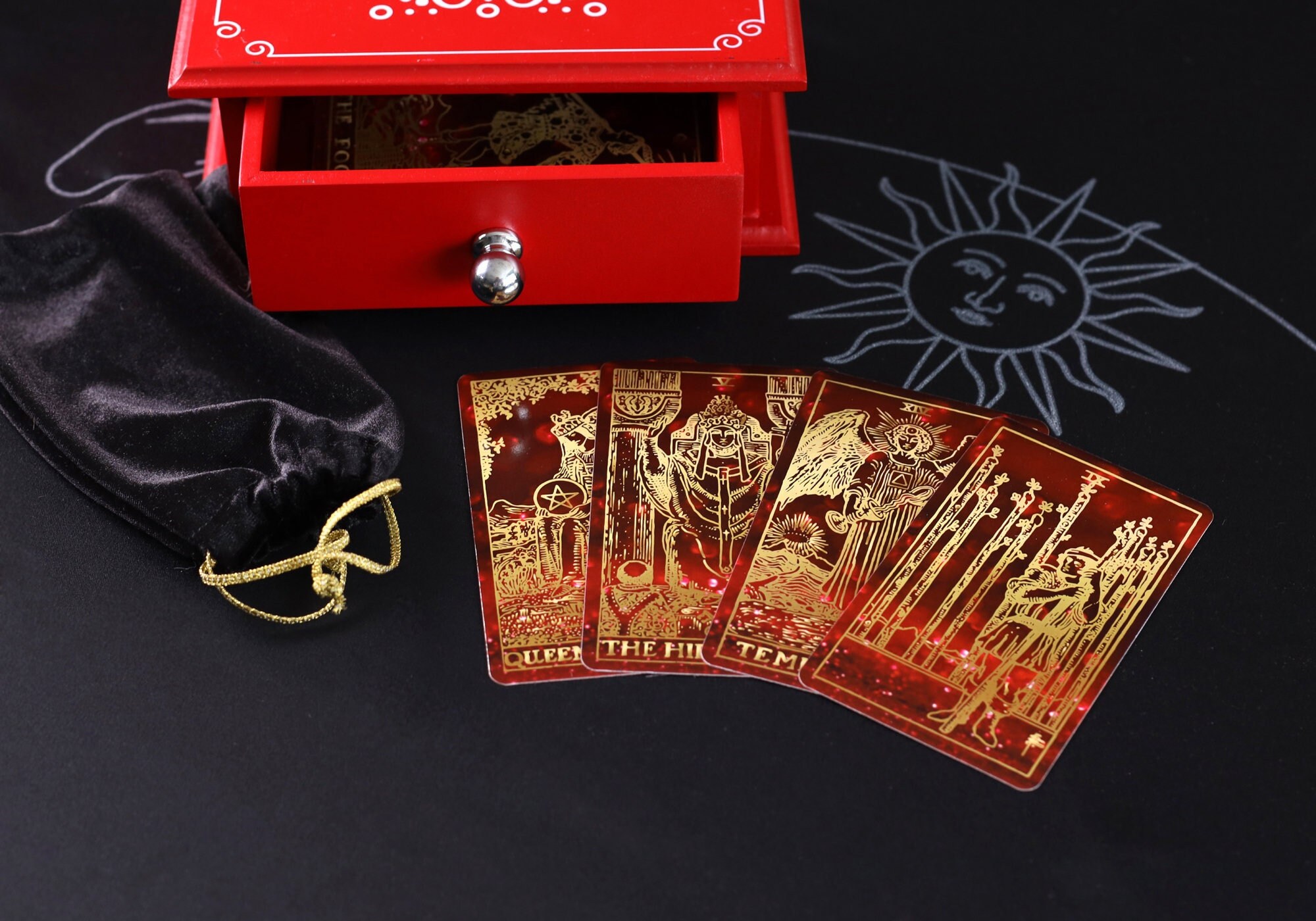 Gold Red Tarot Card Tarot Deck With Guidebook and Wooden Box - Etsy