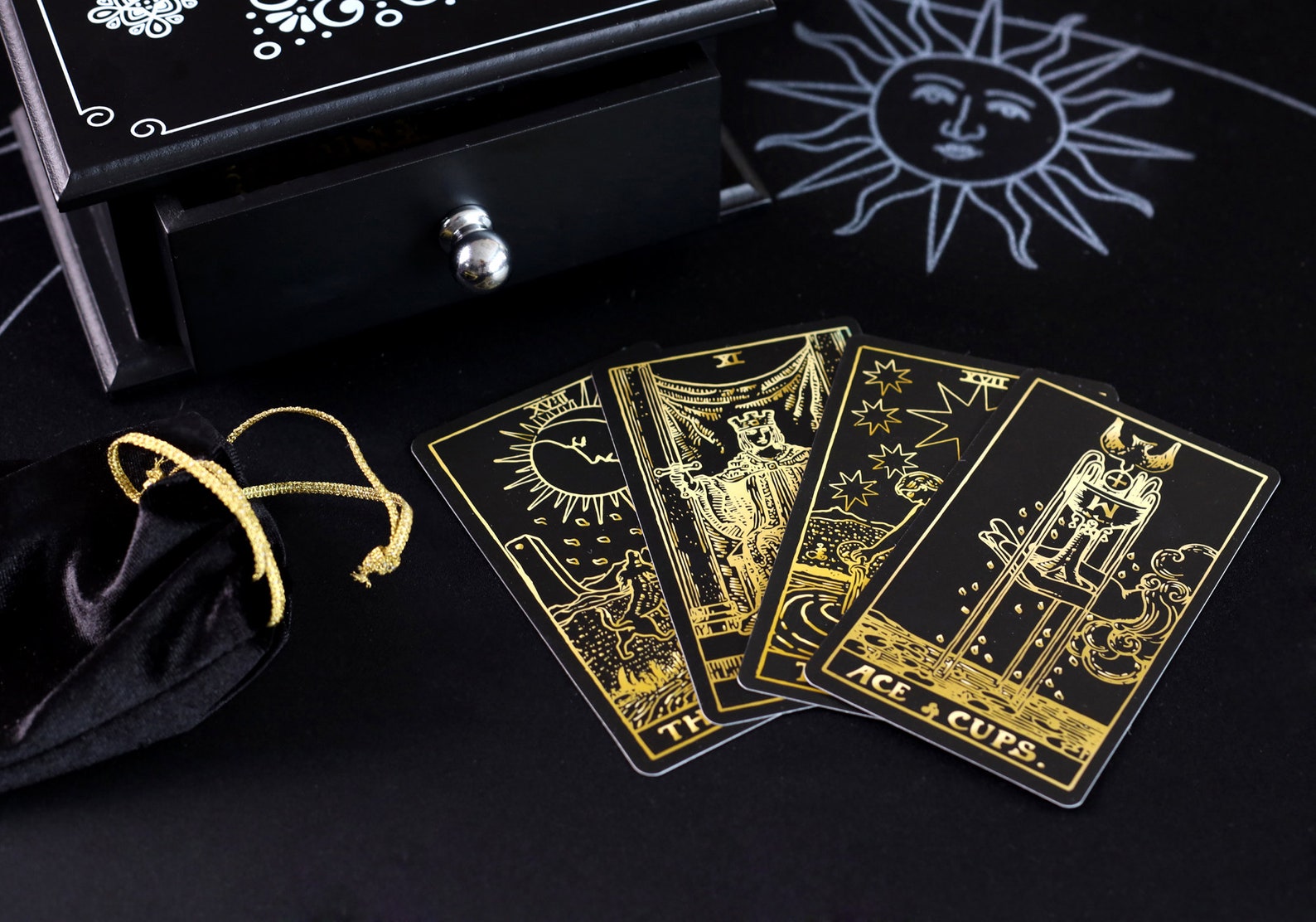 Black Tarot Card Tarot Deck With Guidebook and Wooden Tarot Etsy