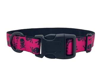 Hot Pink Skull Dog Collar, Halloween Dog Collar, Pirate Dog Collar, Skull & Crossbones Dog Collar