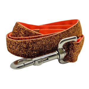 Op de afbeelding: Een opgerolde hondenriem met een glinsterende, bronskleurige buitenkant en een feloranje binnenkant. De riem heeft een zilverkleurige metalen sluiting om aan de halsband van de hond te bevestigen.