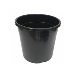 May include: A black plastic plant pot with a round shape and a slightly flared rim.