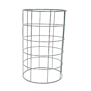 May include: A green metal cylindrical plant cage with a circular base and five horizontal bars.