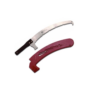May include: A silver pruning saw with a black handle and a red plastic sheath. The saw has a curved blade and a sharp point. The sheath has a design of lightning bolts.