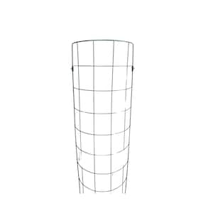 May include: A green metal plant trellis with a cylindrical shape and a wire mesh design. The trellis is made of sturdy metal and has a durable construction.