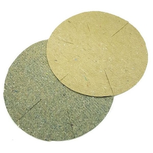 May include: Two round, flat, brown and green plant discs. The discs are made of a woven material and have a slightly textured surface.