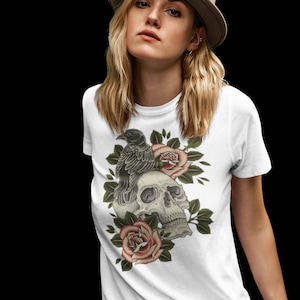 Rose Crow Skull Shirt, Spooky T Shirt, Skulls Shirt, Goth Shirt, Skeleton Shirt, Skulls Clothing, Trendy Unisex Shirt, Sugar Skull T-Shirt