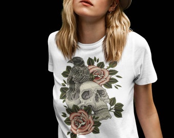 Rose Crow Skull T-Shirt, Gothic Skeleton Tee