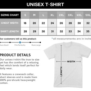 Puede incluir: Tabla de tallas para camiseta unisex con medidas en pulgadas para el ancho del pecho y la longitud de la camiseta. Las tallas van de la S a la 5XL. La tabla muestra una camiseta blanca con medidas indicadas para la longitud y el ancho.