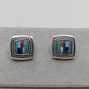 Relios Sterling Silver 925 Multi Color Gemstone Inlay Stud Earrings