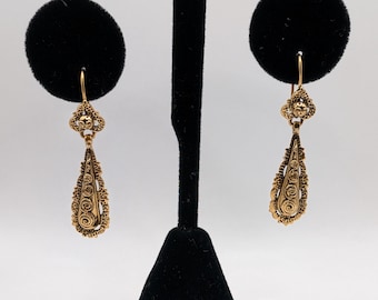 Pendientes colgantes vintage de oro amarillo de 14 quilates (585) con detalles ornamentados