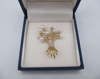 14K geel wit goud 585 diamanten witte zoutwater parel pin broche