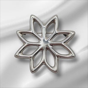 May include: A silver brooch shaped like an eight-pointed star. The openwork design features rounded, petal-like forms. The pin is displayed against a white backdrop.