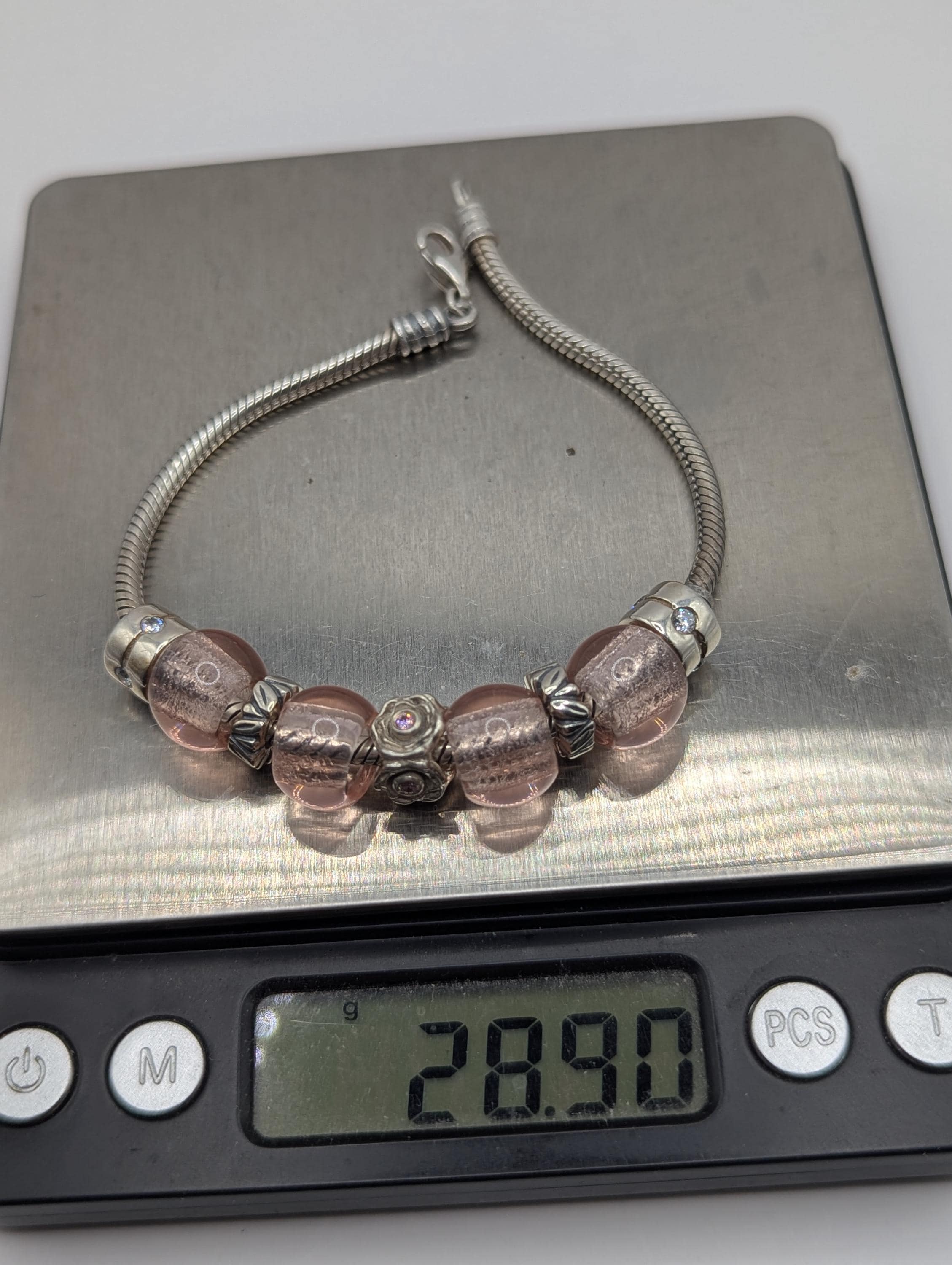 Vintage Pandora Sterling Silver 925 Pink Glass CZ Charm Bracelet