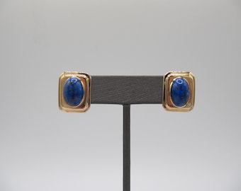 14K Yellow Gold 585 Lapis Lazuli Stud Earrings