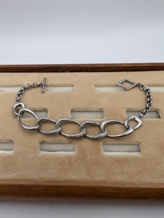 Silver Pave Diamond Link Chain Toggle Bracelet - image 1